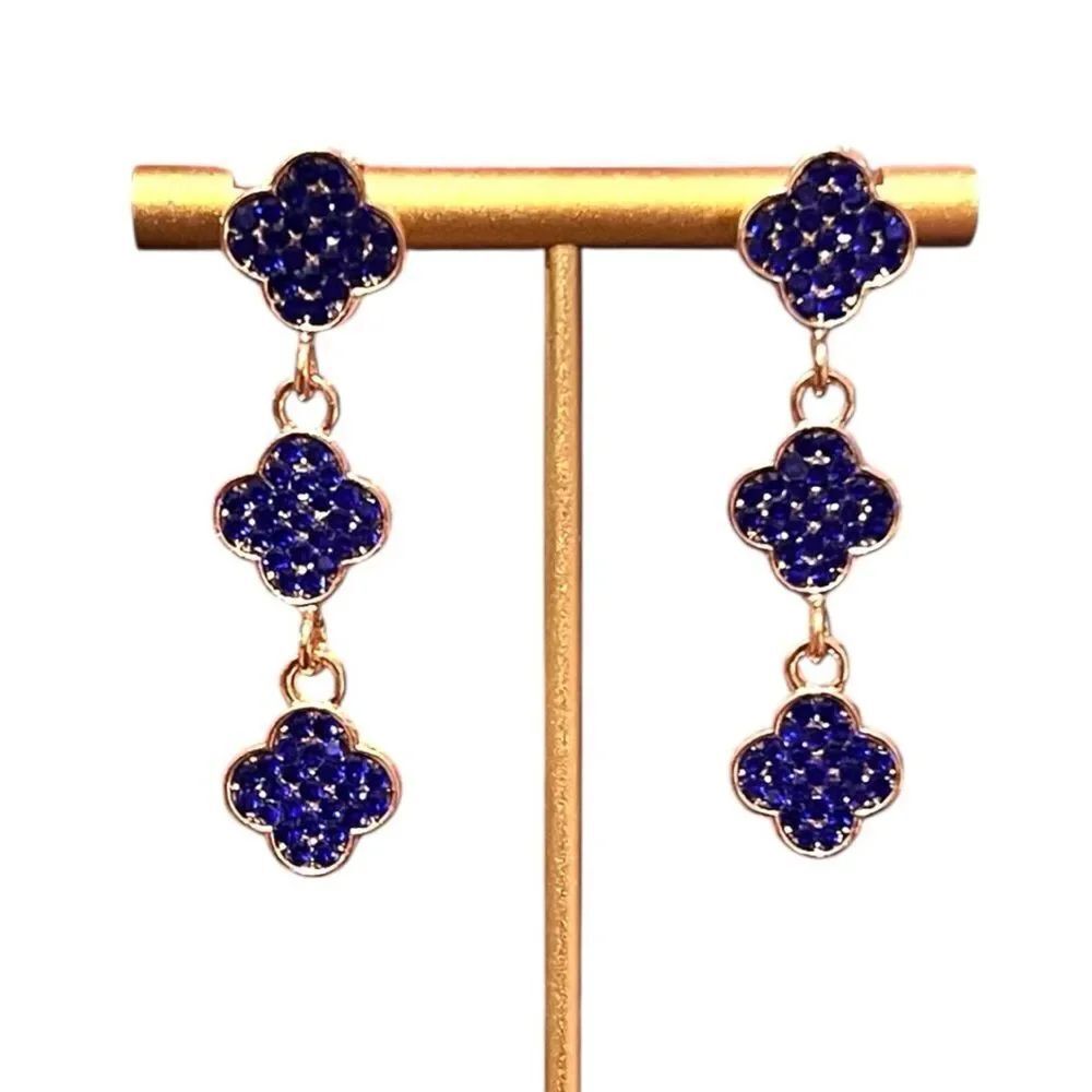 💎2/$30💎 Elegant Blue Crystal Triple Clover Alhambra Gold Tone Dangle Earrings